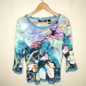 Take Two Floral Top Colorful Art to Wear Lace Trim Sequins
